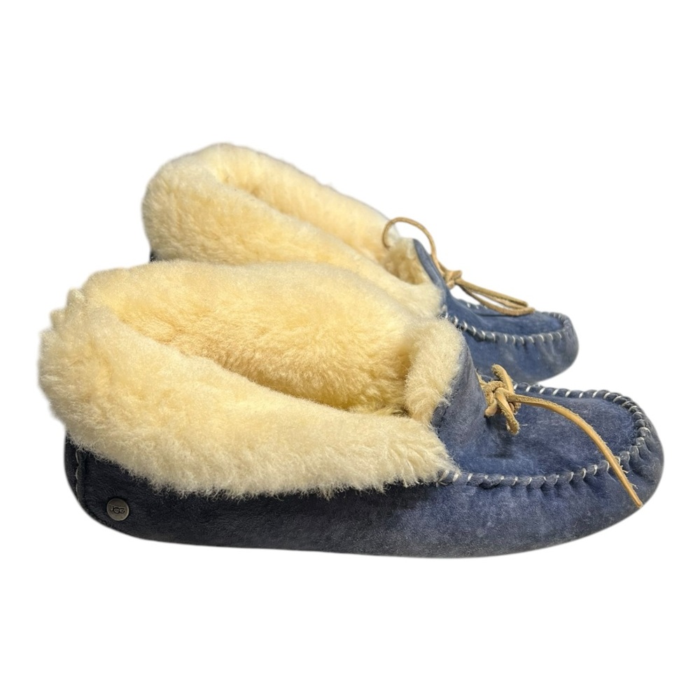 UGG Alena grey Blue Leather Shearling Moccasin Slippers Shoes